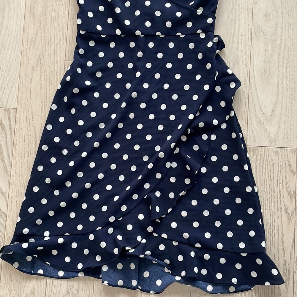Suzy Shier Navy Blue and White Polka Dot Wrap Dress - Picture 3 of 8